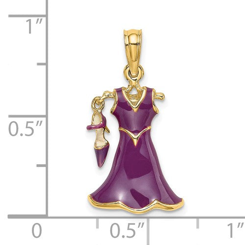 14K Yellow Gold Enamel Purple Dress High Heel Shoe 3D Pendant Charm