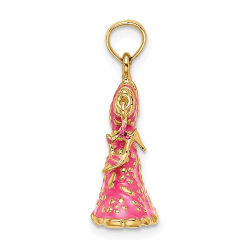 14K Yellow Gold Enamel Pink Dress High Heel Shoe 3D Pendant Charm