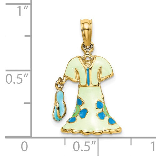 14K Yellow Gold Enamel Mint Green Blue Floral Dress Flip Flop Slipper Sandal 3D Pendant Charm