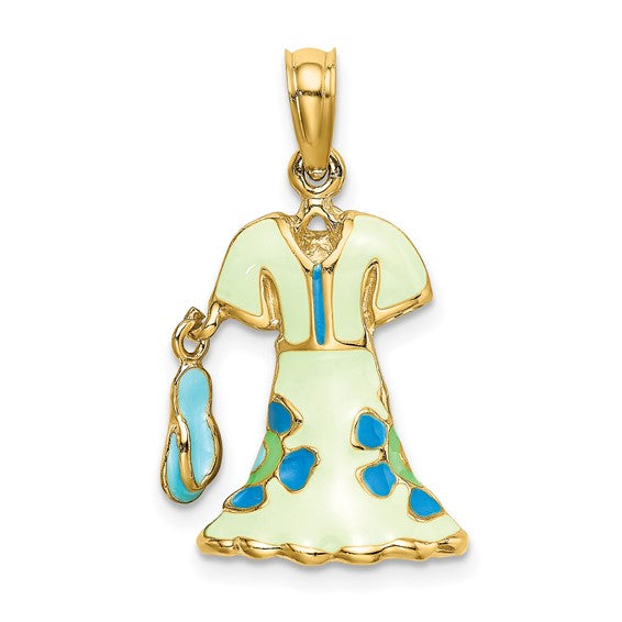 14K Yellow Gold Enamel Mint Green Blue Floral Dress Flip Flop Slipper Sandal 3D Pendant Charm
