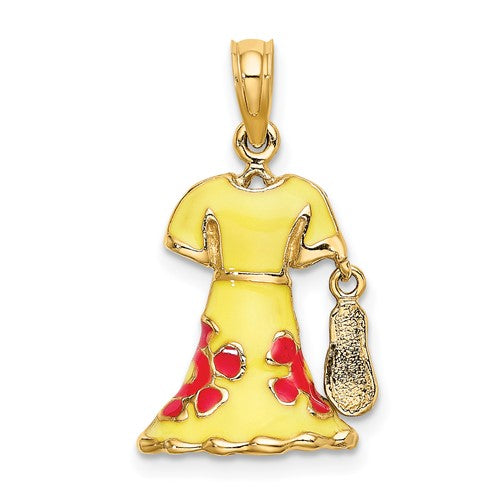 14K Yellow Gold Enamel Yellow Floral Dress Flip Flop Slipper Sandal 3D Pendant Charm