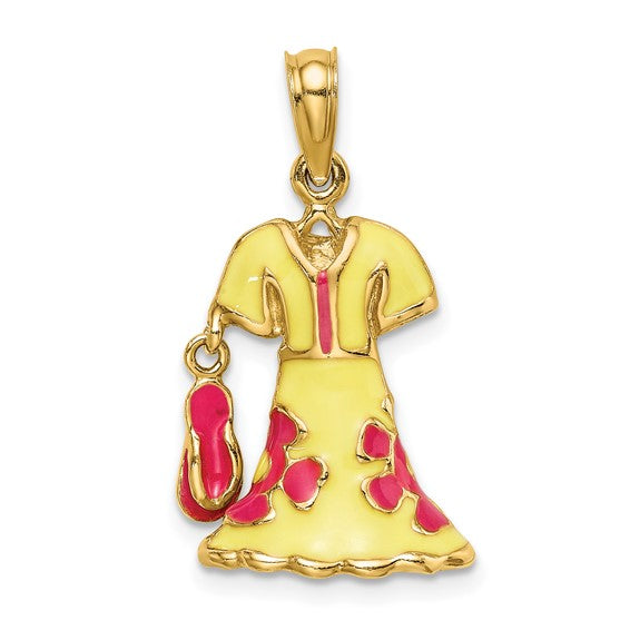 14K Yellow Gold Enamel Yellow Floral Dress Flip Flop Slipper Sandal 3D Pendant Charm