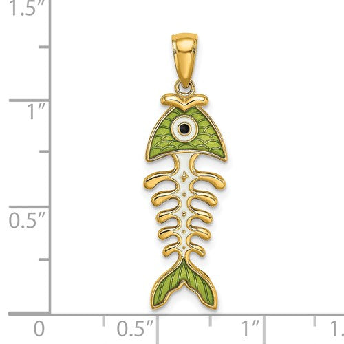 Kép betöltése a galériamegjelenítőbe: 14k yellow gold enamel green fish bone 3d pendant charm
