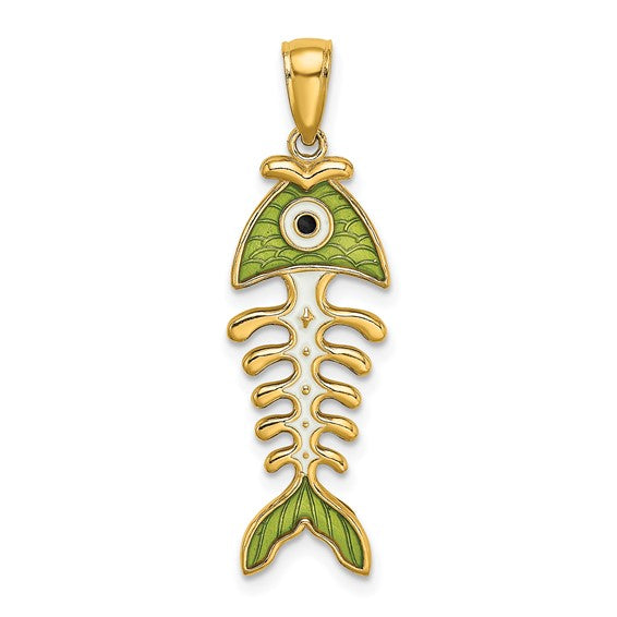 Kép betöltése a galériamegjelenítőbe: 14k yellow gold enamel green fish bone 3d pendant charm