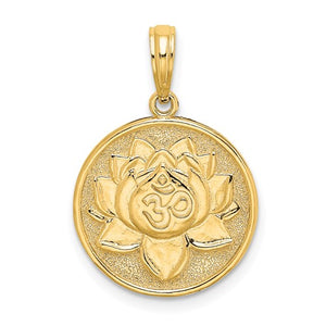 14k Yellow Gold Enamel Om Lotus Flower Circle Round Reversible Pendant Charm