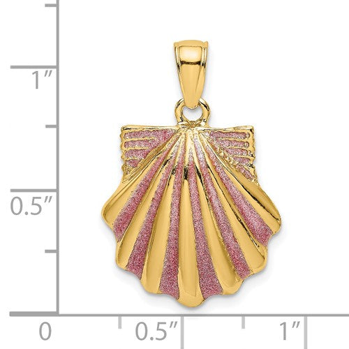 14k Yellow Gold Enamel Pink Seashell Scallop Shell Clamshell Pendant Charm