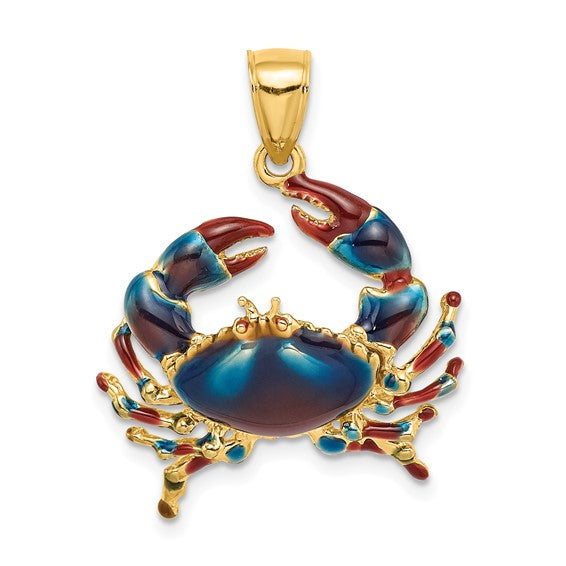14k Yellow Gold Enamel Blue Crab Pendant Charm