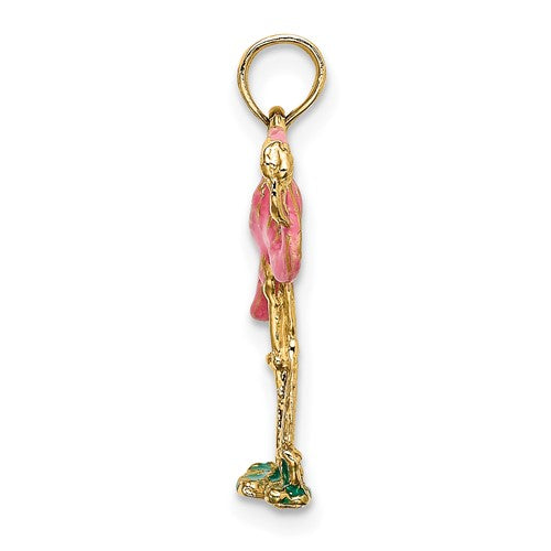 14k Yellow Gold Enamel Pink Flamingo 3D Pendant Charm