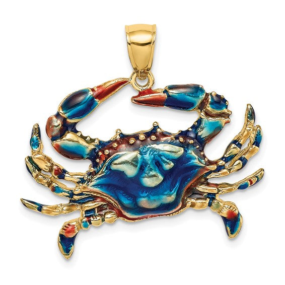 14k Yellow Gold Enamel Blue Crab Pendant Charm