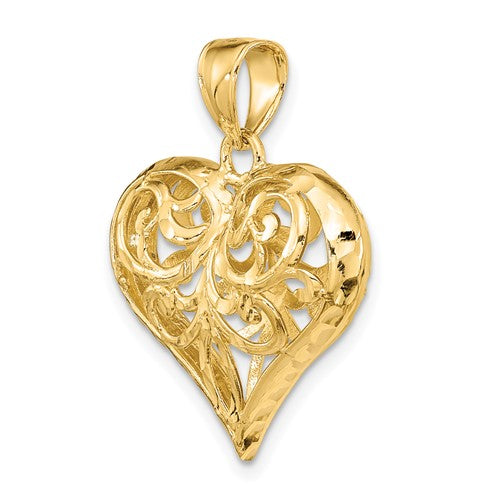14k Yellow Gold Diamond Cut Puffy Filigree Heart 3D Pendant Charm