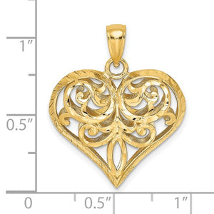14k Yellow Gold Diamond Cut Puffy Filigree Heart 3D Pendant Charm