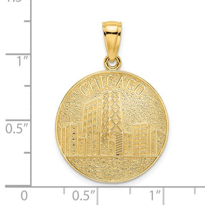 14k Yellow Gold Chicago Illinois Skyline Round Disc Medallion Pendant Charm