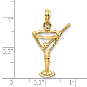 14k Yellow Gold Martini with Olive Drink Cut Out Pendant Charm