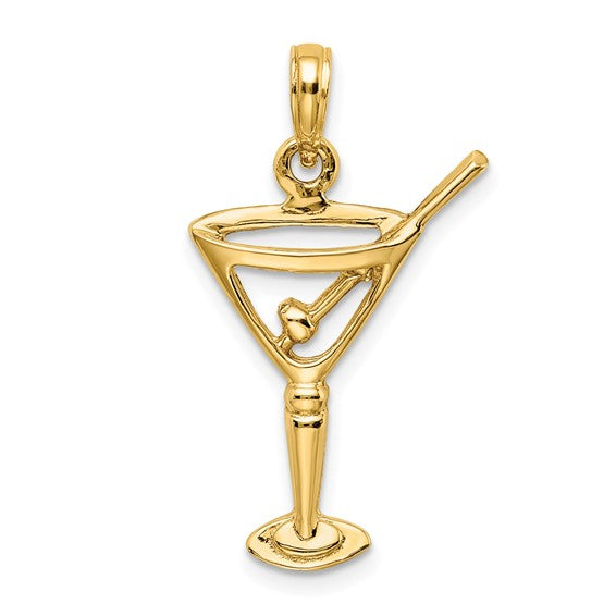14k Yellow Gold Martini with Olive Drink Cut Out Pendant Charm