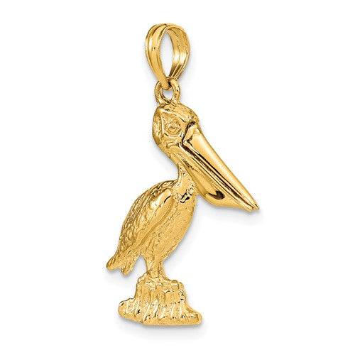 14k Yellow Gold Pelican Bird Moveable Mouth 3D Pendant Charm
