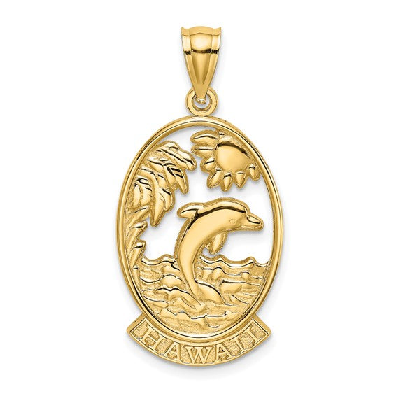 14k Yellow Gold Hawaii Dolphin Palm Coconut Tree Sun Waves Pendant Charm