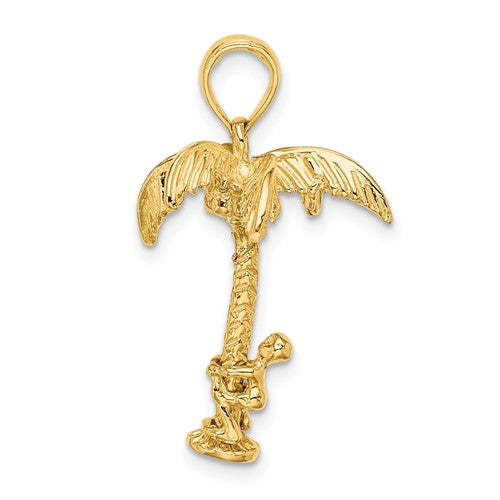 14k Yellow Gold Coconut Tree Moveable Man 3D Pendant Charm