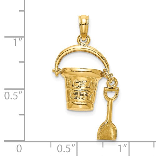 14k Yellow Gold Ocean City NJ New Jersey Beach Bucket Pail Shovel 3D Pendant Charm