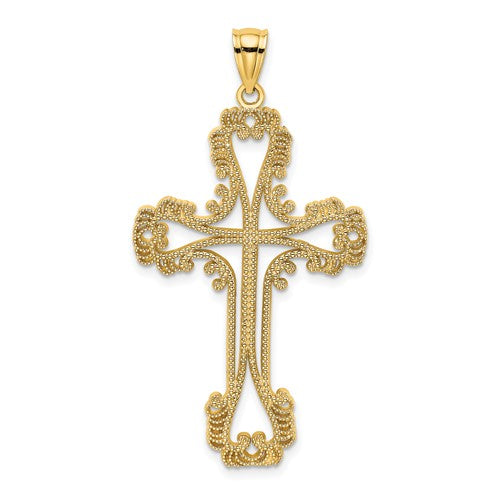 14k Yellow Gold Beaded Cut Out Cross Large Pendant Charm