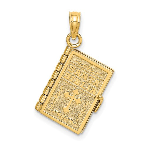 14k Yellow Gold Santa Biblia Spanish Holy Bible Book Cross Pendant Charm