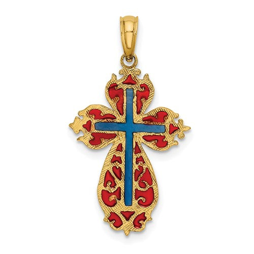 14k Yellow Gold Enamel Blue Red Cross Pendant Charm