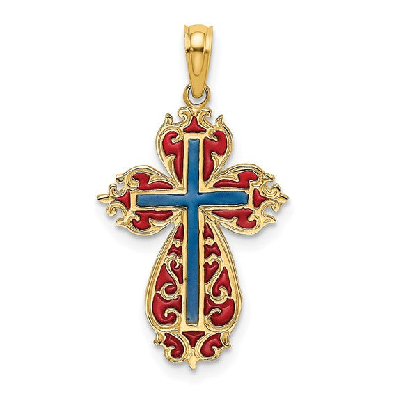 14k Yellow Gold Enamel Blue Red Cross Pendant Charm