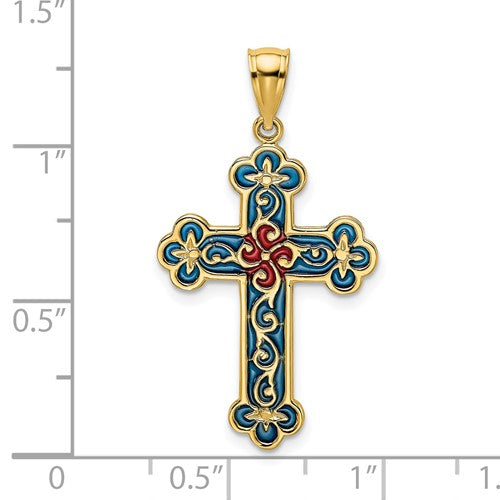 14k Yellow Gold Enamel Cross Scroll Design Pendant Charm