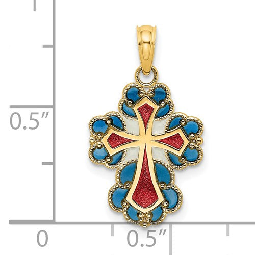 14k Yellow Gold Enamel Blue Red White Cross Pendant Charm