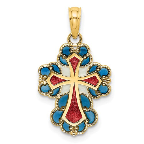 14k Yellow Gold Enamel Blue Red White Cross Pendant Charm