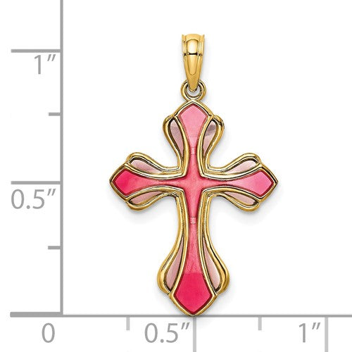14k Yellow Gold Enamel Pink Purple Cross Pendant Charm