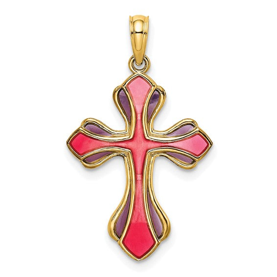 14k Yellow Gold Enamel Pink Purple Cross Pendant Charm