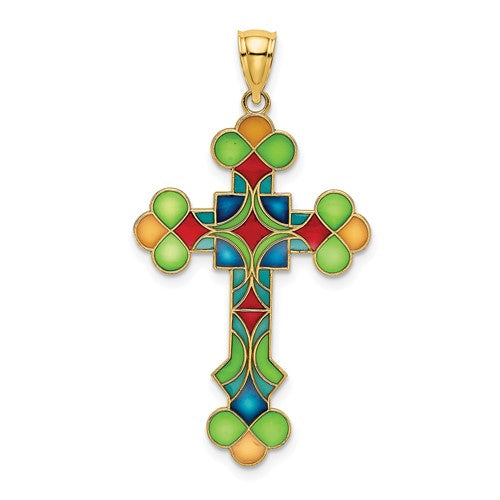 Load image into Gallery viewer, 14k yellow gold enamel multi color cross pendant charm