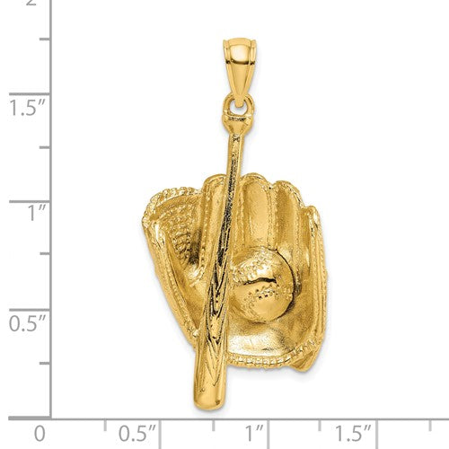 14k Yellow Gold Baseball Bat Glove 3D Large Pendant Charm