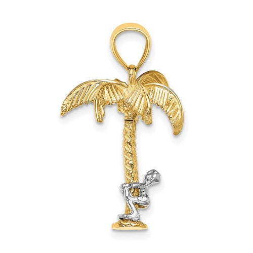 14k Yellow White Gold Two Tone Coconut Tree Moveable Man 3D Pendant Charm