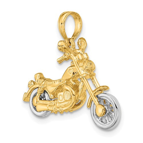 14k Yellow White Gold Two Tone Motorcycle Moveable 3D Pendant Charm