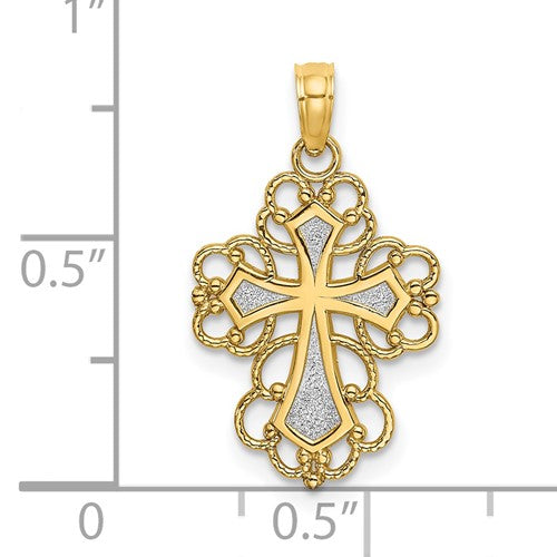 14k Yellow Gold with Rhodium Lace Trim Cross Pendant Charm