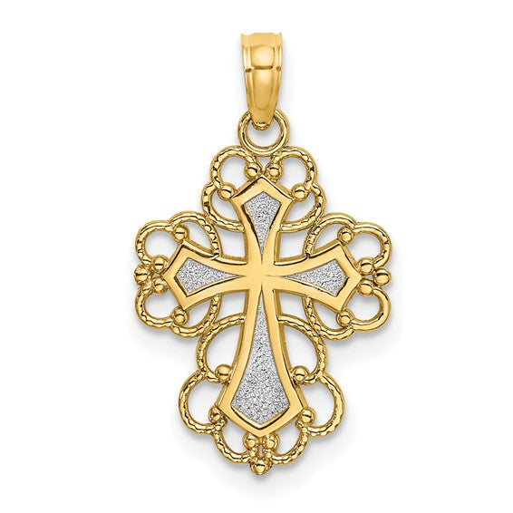 14k Yellow Gold with Rhodium Lace Trim Cross Pendant Charm