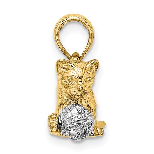 14k Yellow White Gold Two Tone Cat with Ball 3D Pendant Charm