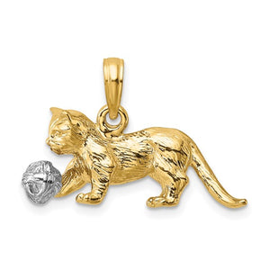 14k Yellow White Gold Two Tone Cat with Ball 3D Pendant Charm