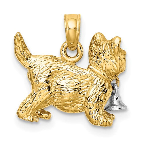 14k Yellow White Gold Two Tone Cat with Dangling Bell 3D Pendant Charm