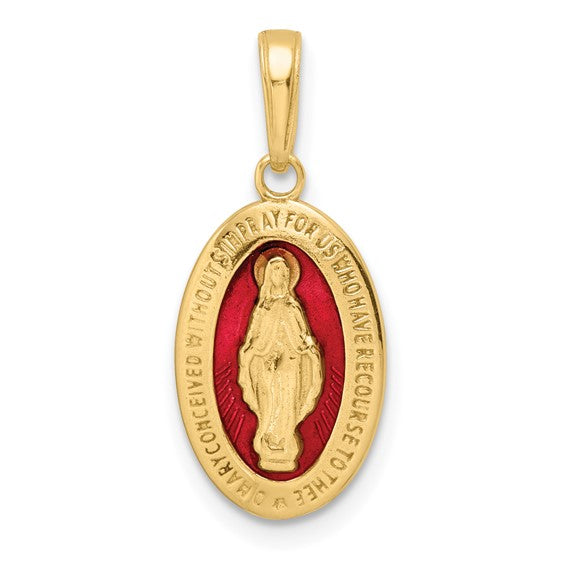 14k Yellow Gold Enamel Blessed Virgin Mary Miraculous Medal Oval Pendant Charm