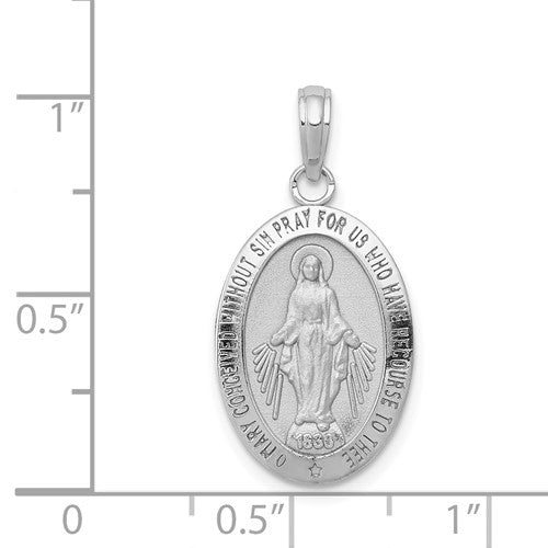 14k White Gold Blessed Virgin Mary Miraculous Medal Oval Pendant Charm