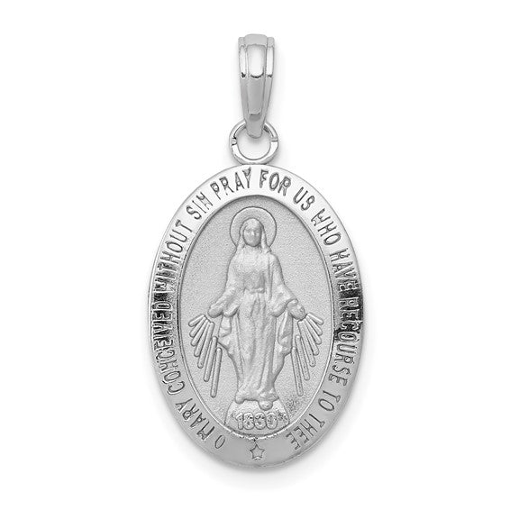 14k White Gold Blessed Virgin Mary Miraculous Medal Oval Pendant Charm