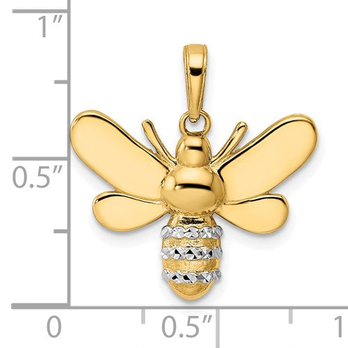 14k Yellow Gold and Rhodium Two Tone Bee Bumblebee Diamond Cut Pendant Charm