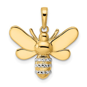14k Yellow Gold and Rhodium Two Tone Bee Bumblebee Diamond Cut Pendant Charm