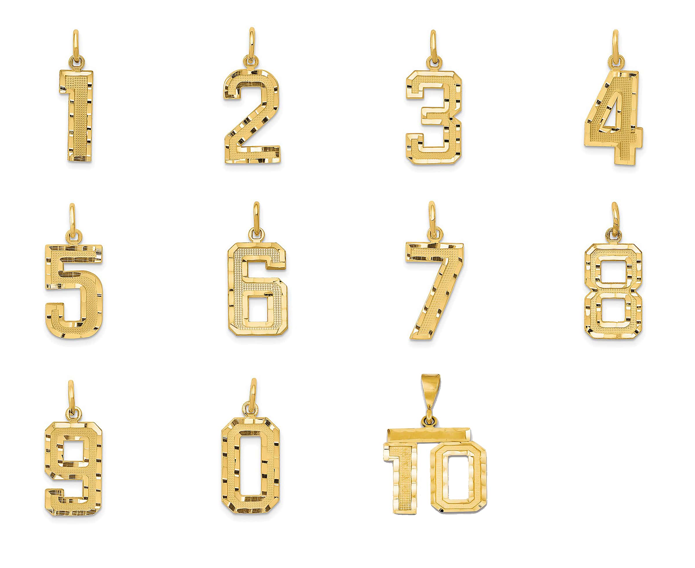 14k Yellow Gold Number 1 2 3 4 5 6 7 8 9 0 One Two Three Four Five Six Seven Eight Nine Zero Diamond Cut Pendant Charm