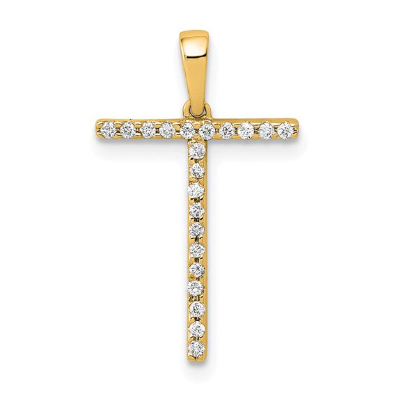 14K Yellow White Gold Diamond Initial Letter T Uppercase Block Alphabet Pendant Charm