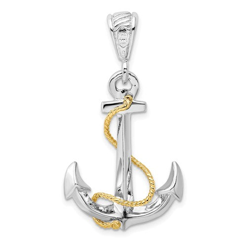Sterling Silver and 14k Yellow Gold Anchor Large 3D Pendant Charm