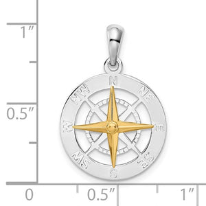 Sterling Silver and 14k Yellow Gold Nautical Compass Medallion Pendant Charm
