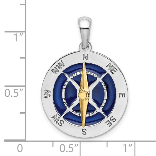 Sterling Silver and 14k Yellow Gold with Enamel Nautical Compass Medallion Pendant Charm